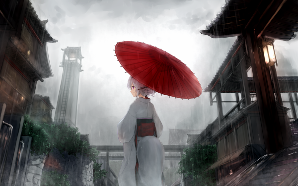 Anime Girl Umbrella White Hair Kimono HD Wallpaper | Background Image