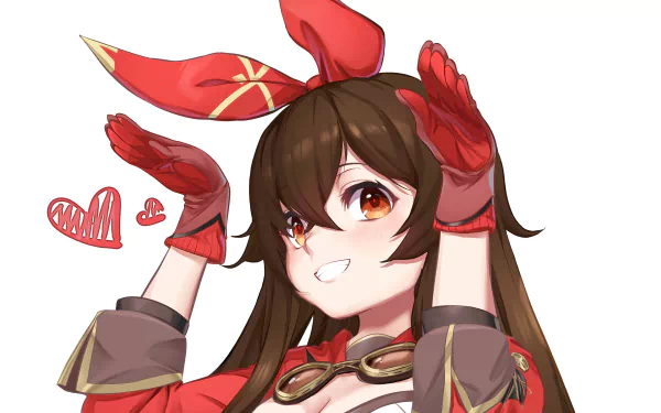 Amber from Genshin Impact poses cheerfully with red gloves and a bow, featured in a vibrant 4K Ultra HD PC desktop wallpaper from the video game.