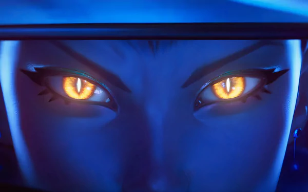 Close-up of Evelynn from League of Legends K/DA with glowing yellow eyes in vibrant 4K Ultra HD, capturing the essence of K-pop and video game aesthetics.