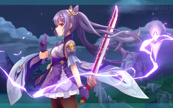 HD wallpaper featuring Keqing from Genshin Impact with purple hair, standing confidently with a glowing sword against a night sky backdrop.