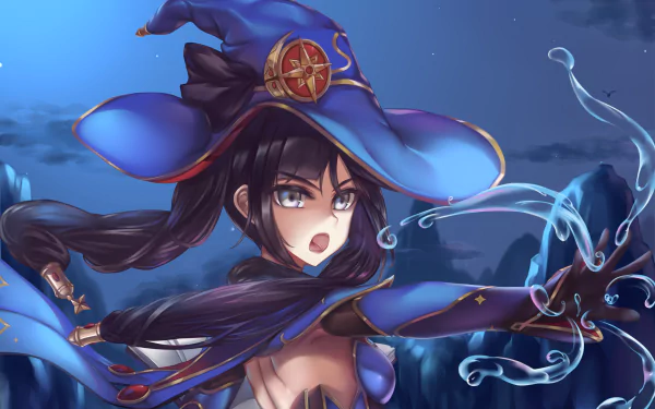 4K Ultra HD PC wallpaper featuring Mona from Genshin Impact casting a water spell against a night sky backdrop in this vibrant video game art.