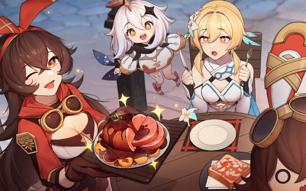 HD desktop wallpaper featuring Paimon, Lumine, and Amber from Genshin Impact enjoying a meal together. Bright and joyful scene from the video game Genshin Impact.