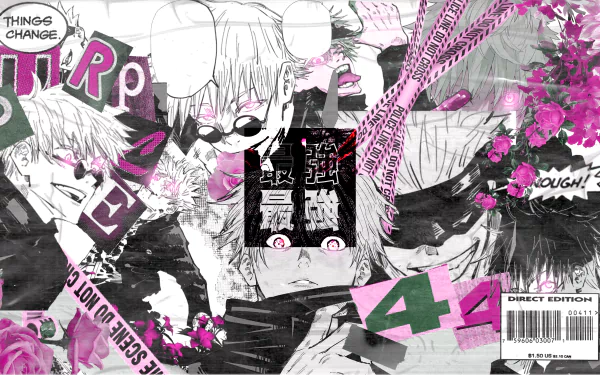 HD desktop wallpaper featuring Satoru Gojo from the anime Jujutsu Kaisen. The collage-style background uses bold colors and various artistic elements.