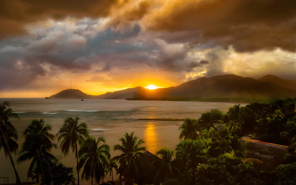 Cuba palm tree mountain sunset sky sea Caribbean Sea photography seascape HD Desktop Wallpaper | Background Image