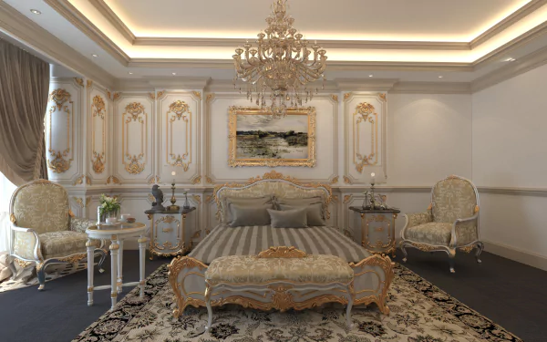bedroom chandelier armchair painting carpet interior bed style man made room HD Desktop Wallpaper | Background Image
