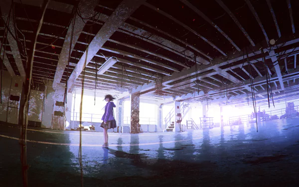 Anime girl with short hair and a skirt stands alone in a spacious, light-filled parking garage, creating a striking HD PC desktop wallpaper scene.