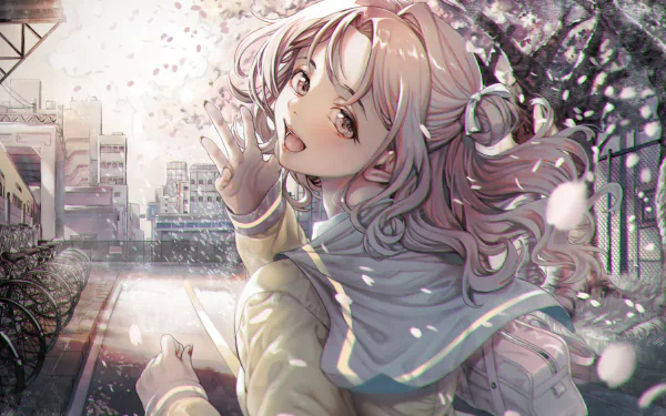 Hinana Ichikawa from The iDOLM@STER: Shiny Colors — pink‑haired anime girl in a school uniform smiling on a sunlit city street, HD PC desktop wallpaper/background.