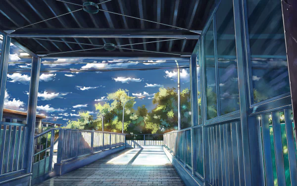 HD anime desktop wallpaper depicting a sunlit path through a glass and metal walkway with trees and a vibrant sky in the background.