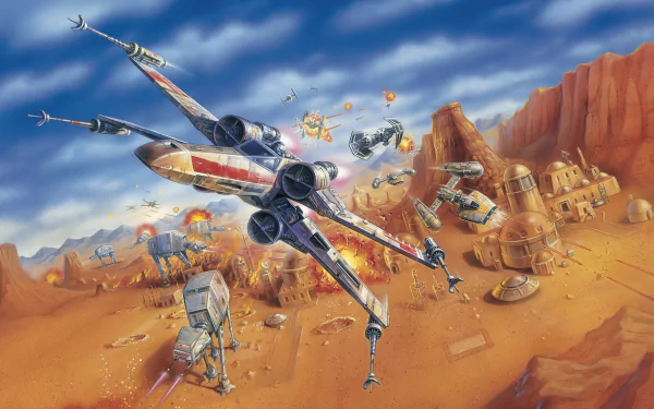 HD PC desktop wallpaper featuring a dynamic Star Wars sci-fi battle with a Y-wing, X-Wing, and AT-AT walker over a desert landscape.