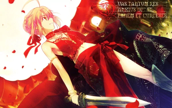 A striking HD wallpaper featuring Red Saber from Fate/Extra, showcasing her in an elegant red outfit, wielding a sword against a dramatic, colorful background.