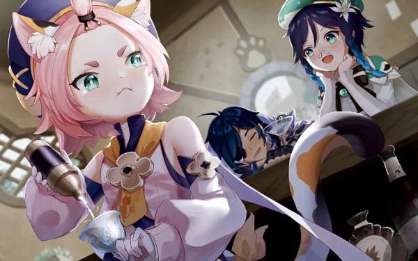 HD wallpaper featuring Diona with pink hair and green eyes, along with Venti and Kaeya from Genshin Impact, showcasing dynamic character expressions in a detailed setting.