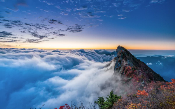 A dramatic 4K Ultra HD desktop wallpaper of a mountain peak rising above a sea of clouds at sunrise, with a vibrant horizon and expansive sky over nature.