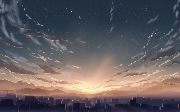 HD anime wallpaper showcasing a cityscape at sunset with mountains in the background, illuminated by the warm glow of twilight. The sky is filled with starry hues and streaks of clouds.