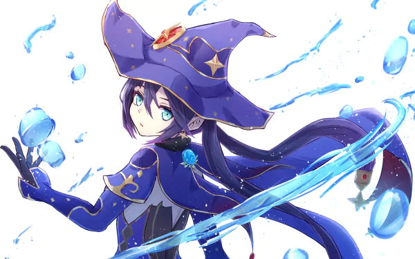 HD PC desktop wallpaper featuring Mona from the video game Genshin Impact, showcasing her in a dynamic pose with water effects and a mystical aura.
