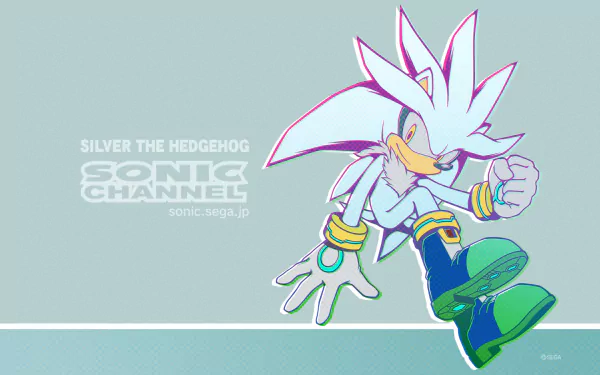 Silver the Hedgehog in green boots poses mid-air on a teal Sonic Channel HD PC desktop wallpaper, stylized Sonic the Hedgehog video game artwork with logo.