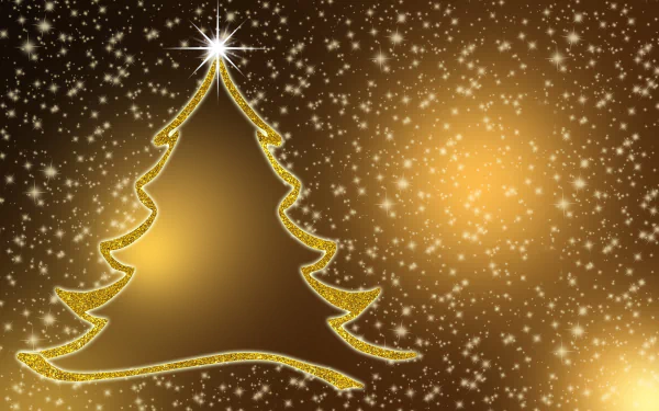 A glowing golden Christmas tree with a shining star on top, surrounded by sparkling lights, presented as a 4K Ultra HD holiday desktop wallpaper.