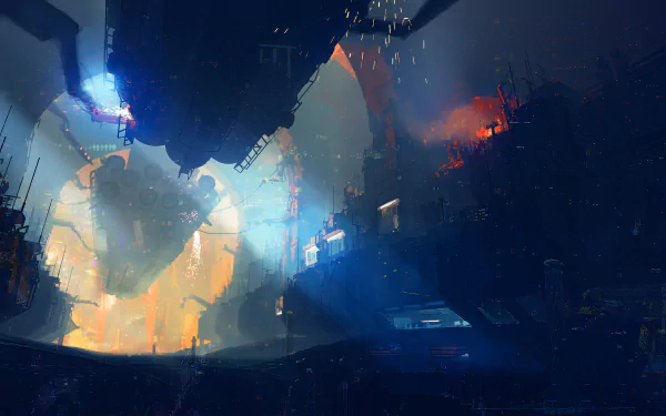 HD PC desktop wallpaper from the video game Fractured Space, depicting a dark, futuristic sci-fi scene with glowing lights and massive structures.