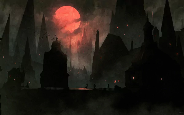 Dark, eerie Bloodborne night scene with a large red moon over a gothic cityscape, shown in HD for a PC desktop wallpaper.