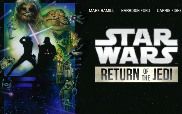 4K Ultra HD desktop wallpaper featuring iconic characters and scenes from Star Wars Episode VI: Return of the Jedi, highlighting Mark Hamill, Harrison Ford, and Carrie Fisher.