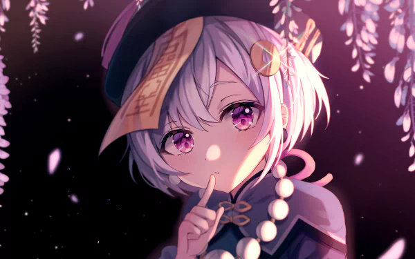 Qiqi from the video game Genshin Impact in a 2K Quad HD PC desktop wallpaper: close-up portrait with purple eyes, talisman on her forehead, prayer beads and falling wisteria petals on a dark background.