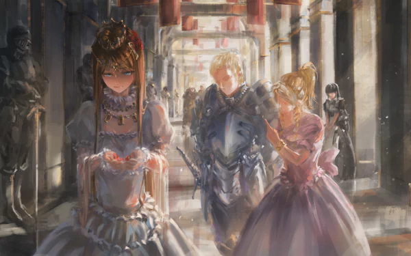 HD PC desktop wallpaper featuring anime characters from Overlord in a detailed, atmospheric corridor with soft lighting and intricate costumes.