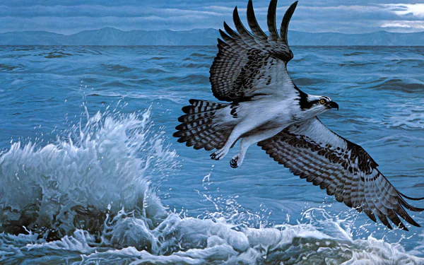A striking HD PC desktop wallpaper of an osprey bird soaring above choppy ocean waves, capturing the dynamic energy of this powerful animal in flight.