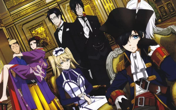 A vibrant HD wallpaper featuring characters from Kuroshitsuji (Black Butler), showcasing their intriguing personalities and elegant attire in a lavish background.