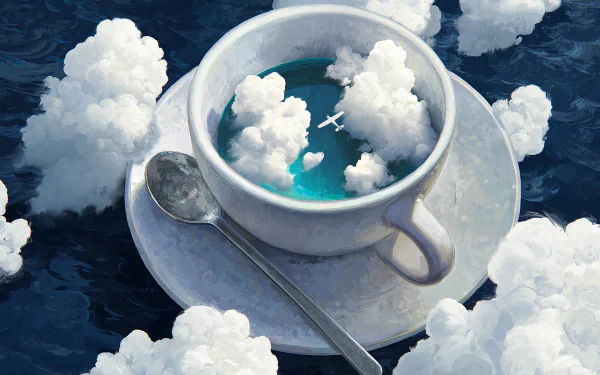 HD desktop wallpaper featuring an artistic scene of an airplane flying over an ocean, reflected in a tea cup surrounded by clouds.