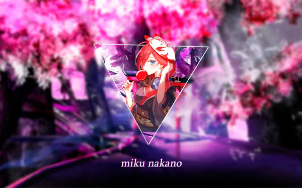 HD desktop wallpaper featuring Miku Nakano from the anime The Quintessential Quintuplets. Miku is depicted inside a triangular frame against a vibrant backdrop of blossoming trees.