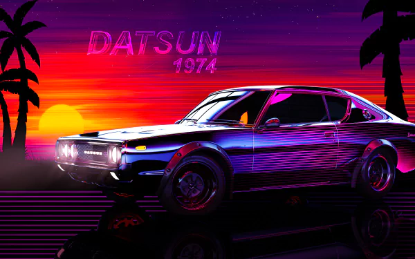Retro 1974 Datsun car parked on a reflective grid at sunset, neon purple-orange sky with palm silhouettes — 5K Ultra HD PC desktop wallpaper background.