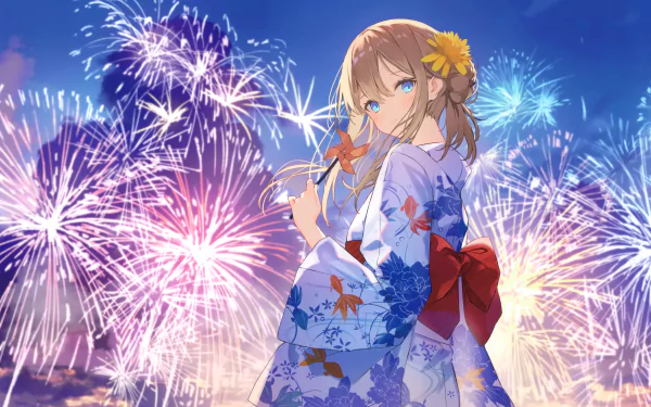4K Ultra HD PC anime wallpaper: long-haired girl with brown hair and aqua eyes in a floral yukata and red obi, holding a sparkler as fireworks light the night sky.