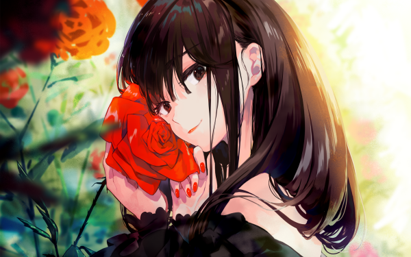 Anime Girl Black Eyes Black Hair Flower Rose HD Wallpaper | Background Image