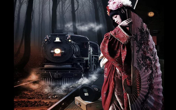 A striking HD wallpaper featuring a woman in a red kimono with a fan, standing by a dark, misty forest and a train, evoking a sense of mystery and elegance. 
