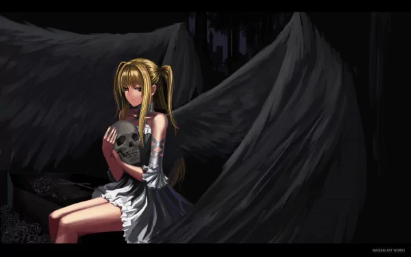 A striking HD desktop wallpaper featuring Shidou Mariya from Maria Holic, sitting against dark wings while cradling a skull, blending elegance and a haunting atmosphere.