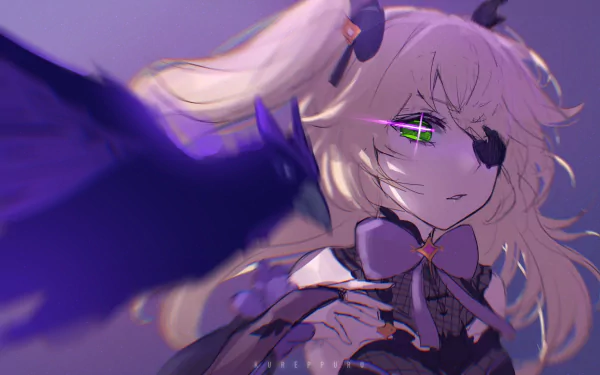 HD PC desktop wallpaper of Fischl from the video game Genshin Impact: blonde hair, green glowing eye with an eyepatch, purple outfit and a shadowy raven wing.