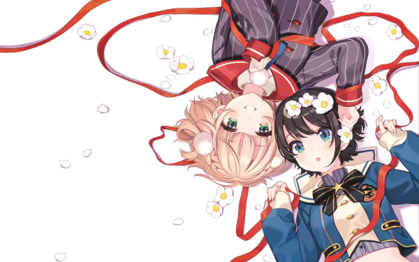 4K Ultra HD anime wallpaper featuring Virtual YouTubers Shigure Ui with short black hair and aqua eyes, and Oozora Subaru with blonde hair, surrounded by red ribbons and flowers.