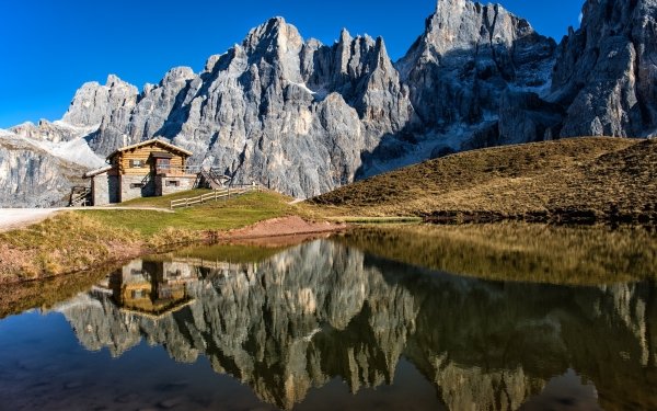 Photography Mountain Mountains Alps Italy Dolomites Reflection Cabin Lake HD Wallpaper | Background Image
