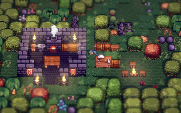 HD desktop wallpaper of Tinkertown featuring a quaint pixel art forest scene with a small stone house and surrounding greenery.