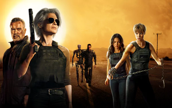 Mackenzie Davis Linda Hamilton Arnold Schwarzenegger Sarah Connor Terminator movie Terminator: Dark Fate HD Desktop Wallpaper | Background Image