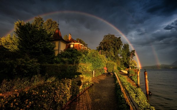 Photography Landscape House Shore Dog Rainbow HD Wallpaper | Background Image