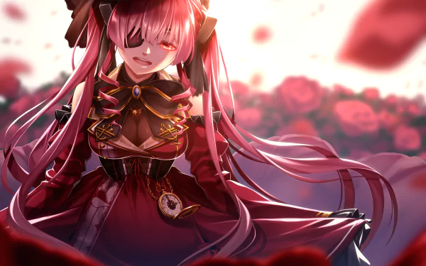 HD anime wallpaper of Houshou Marine from Hololive with long pink twintails, eye patch, and flower-adorned dress, surrounded by rose petals.
