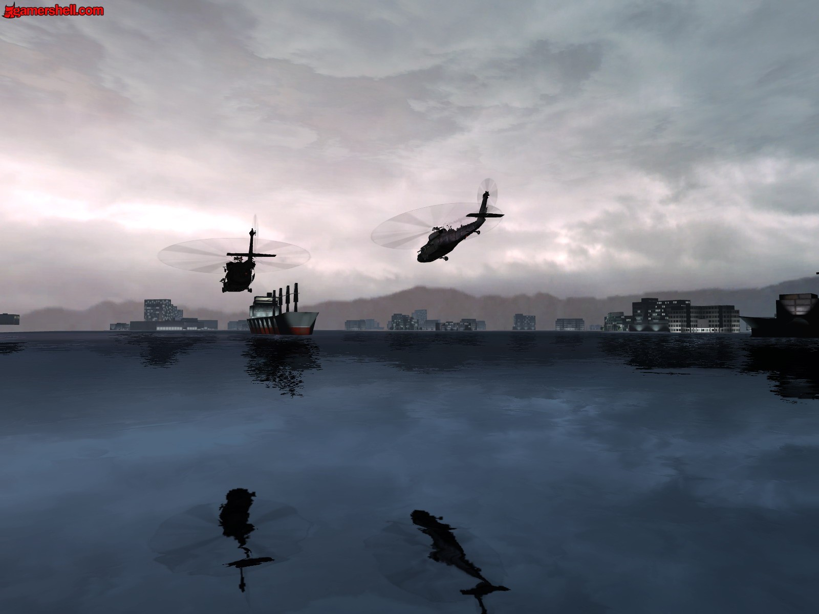 A scenic view of a town near water with a ship, helicopter, and cloudy sky.