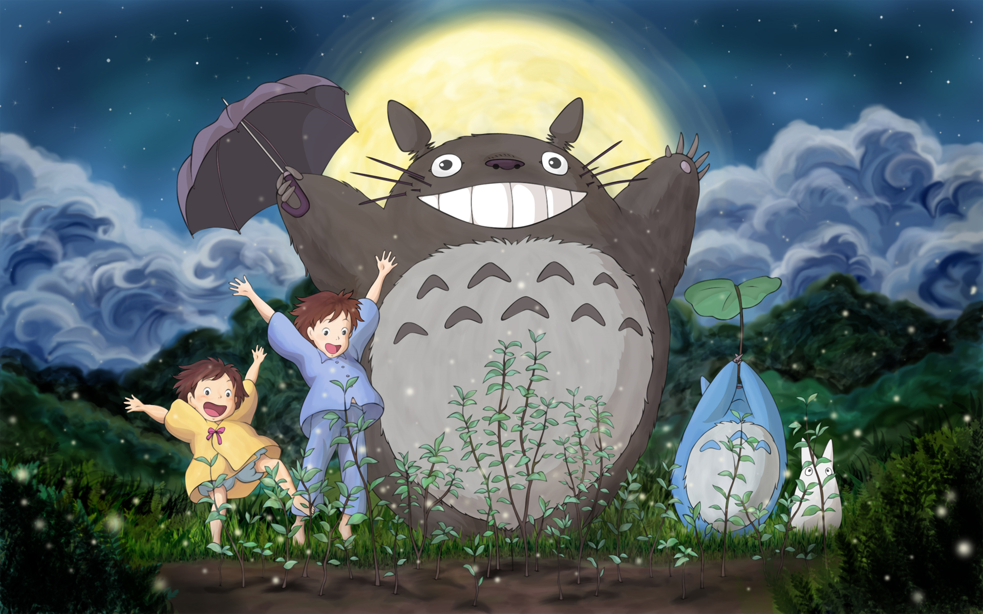 Totoro and its friends, Mei and Satsuki, enjoy a serene moment in a magical forest.