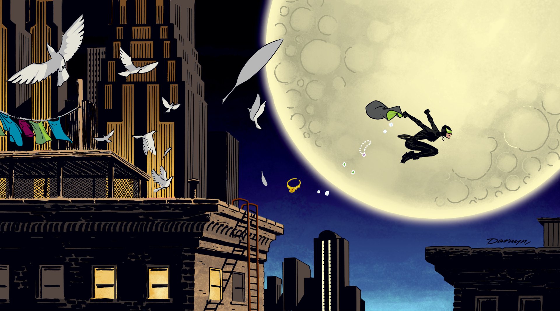 4K Ultra HD PC desktop wallpaper and background: DC Comics' Selina Kyle as Catwoman vaulting between Gotham City rooftops beneath a huge moon, pigeons scattering.