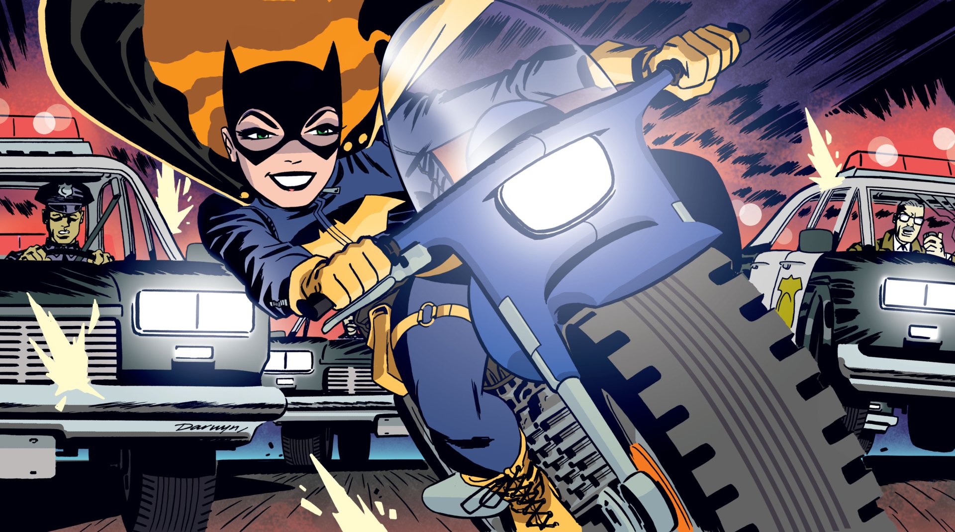 HD desktop wallpaper featuring DC Comics' Batgirl, Barbara Gordon, riding a motorcycle with a dynamic and action-packed background, including police cars.