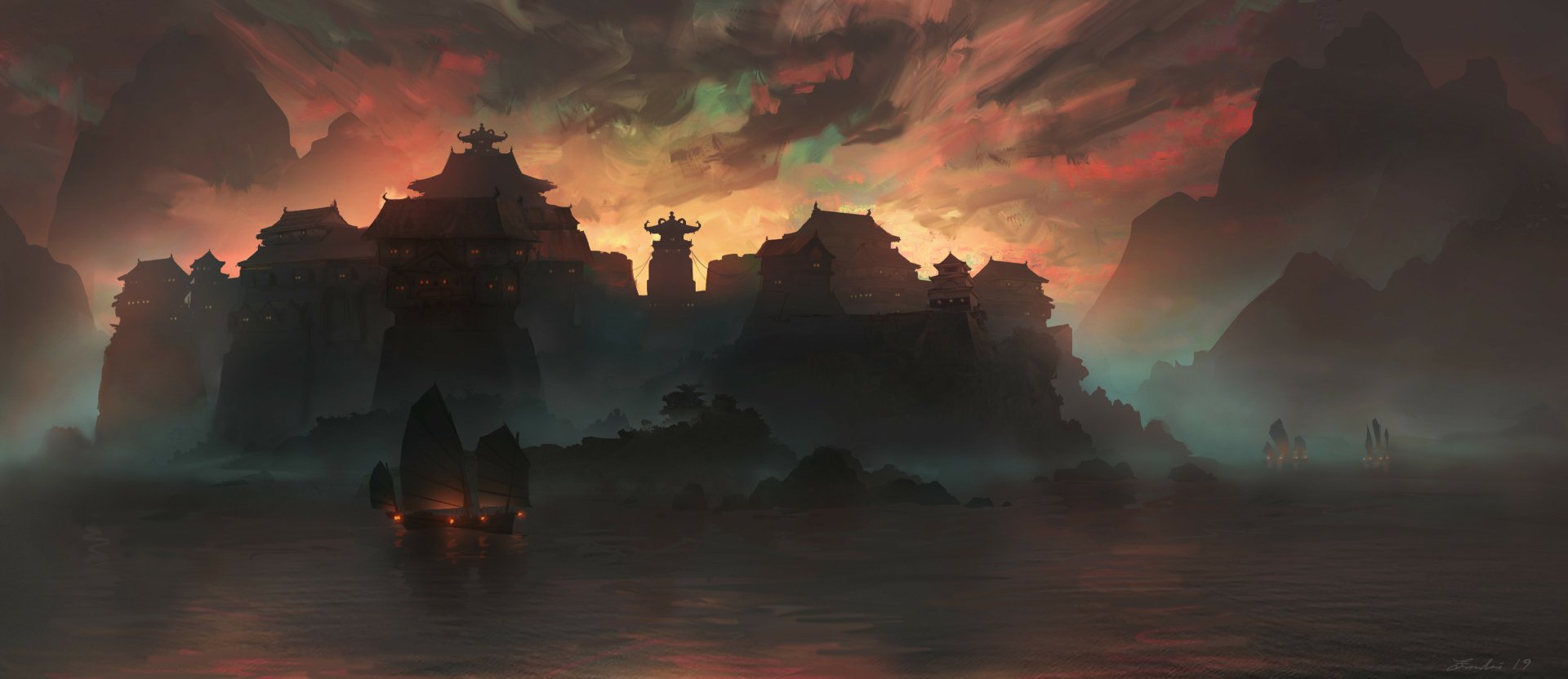 HD desktop wallpaper of a fantasy scene featuring a sailboat at night near a misty, shadowed castle under a dramatic, colorful sky.