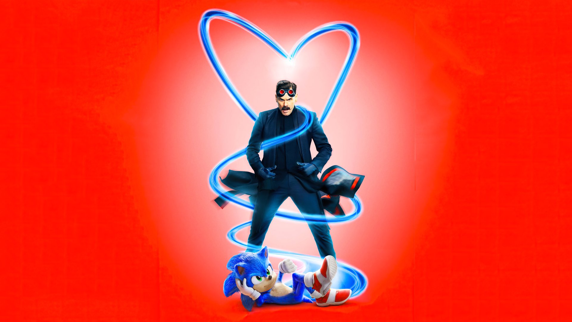 4K Ultra HD desktop wallpaper featuring Jim Carrey as Doctor Robotnik from the Sonic the Hedgehog movie, with vibrant red background and glowing blue heart design.