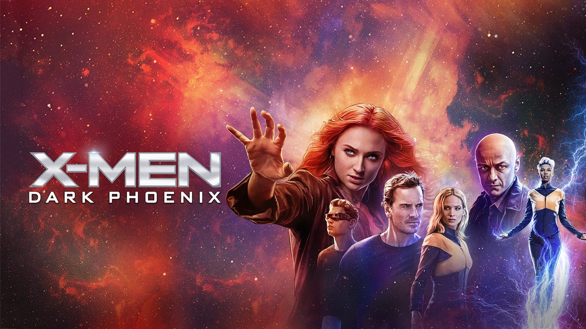 HD PC desktop wallpaper for the movie X-Men: Dark Phoenix — fiery cosmic background with Phoenix figure reaching forward and the X‑Men team lined up below.