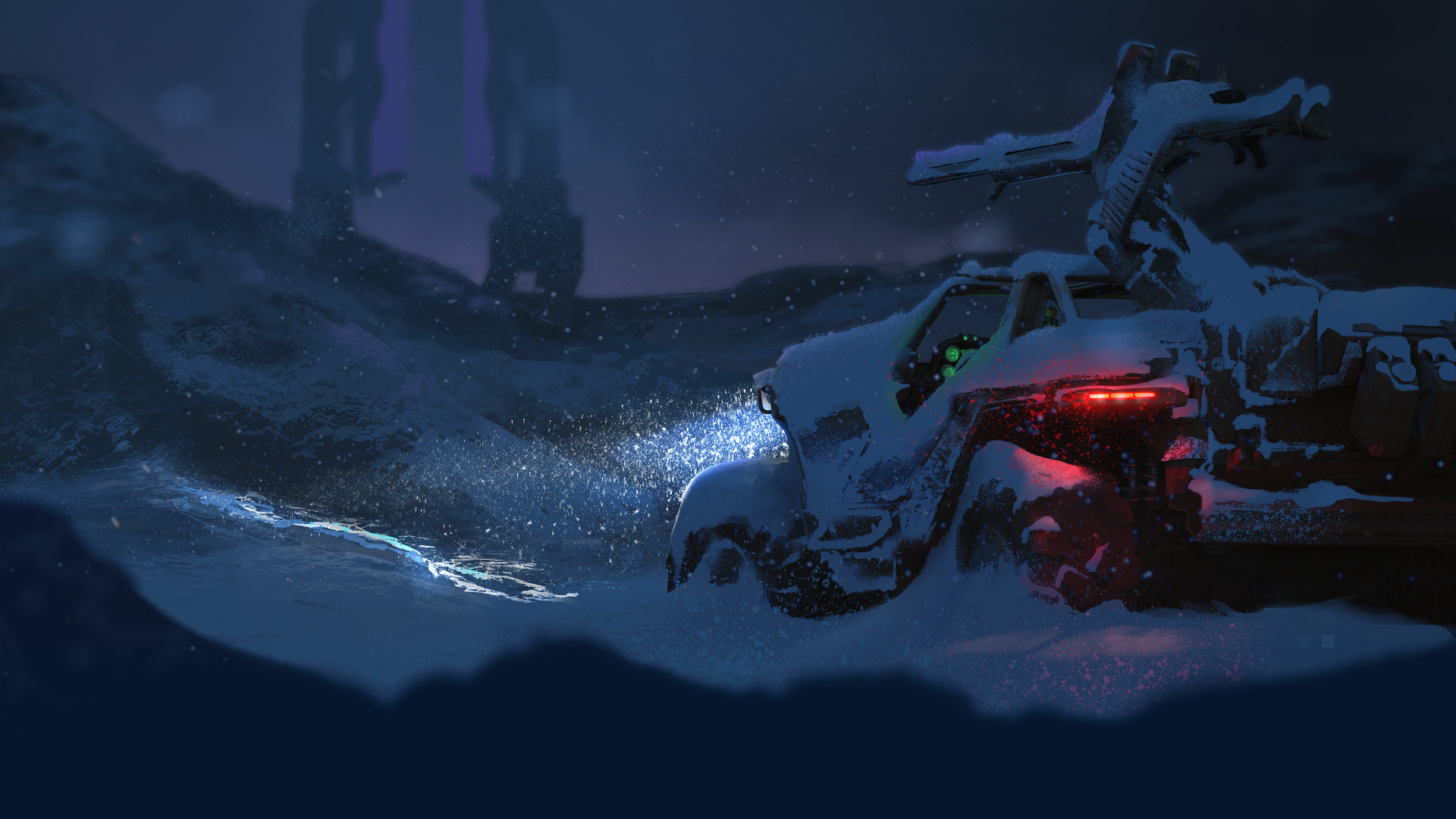 4K Ultra HD PC desktop wallpaper featuring a snowy Halo video game scene with a rugged armored vehicle illuminating the dark, icy landscape.