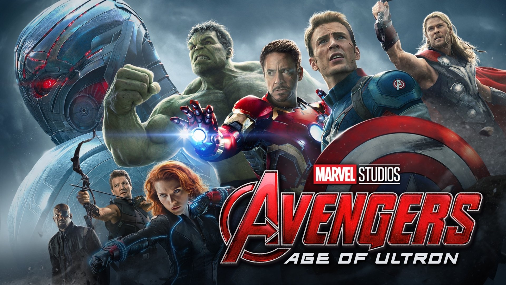 HD PC desktop wallpaper of Marvel Studios' Avengers: Age of Ultron — Iron Man, Captain America (Steve Rogers), Thor, Hulk, Black Widow, Hawkeye (Clint Barton), Nick Fury and Ultron looming.